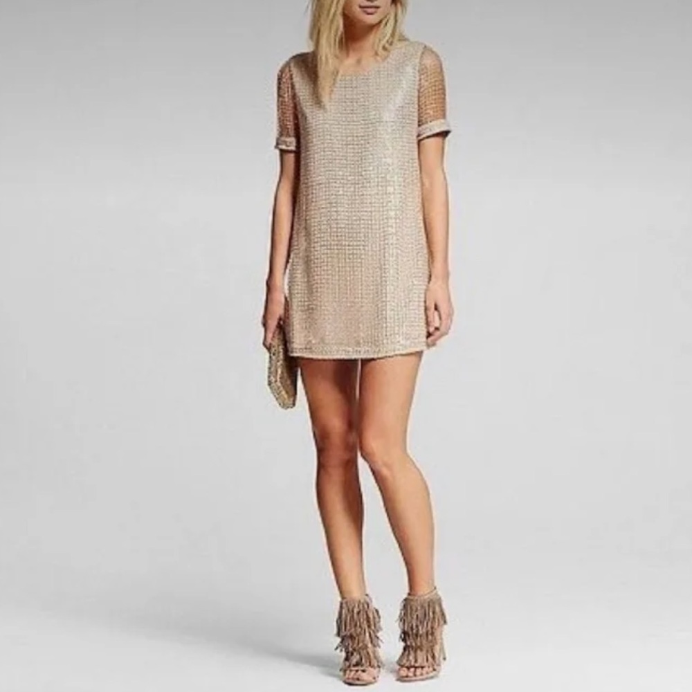 J.O.A. Gold Mesh Cage Sequin Shift Mini Dress Size XS